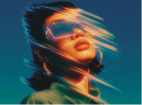 Person wearing futuristic visor with light streaks