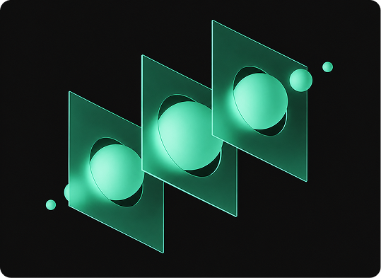 Green abstract panels and glowing spheres